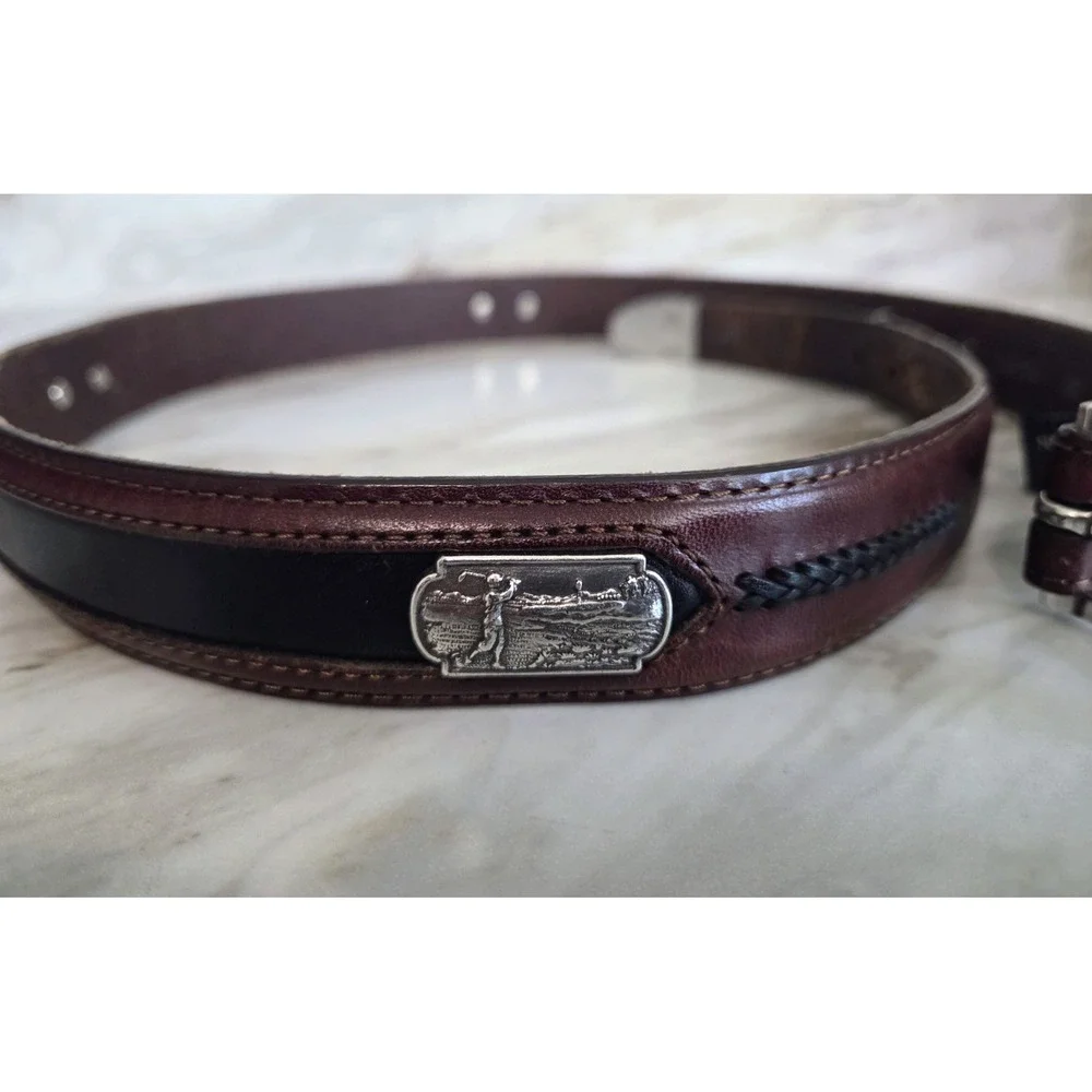 Men's Vintage Onyx by Brighton Golf Ornament Brown Leather Belt Two-Tone Size 36